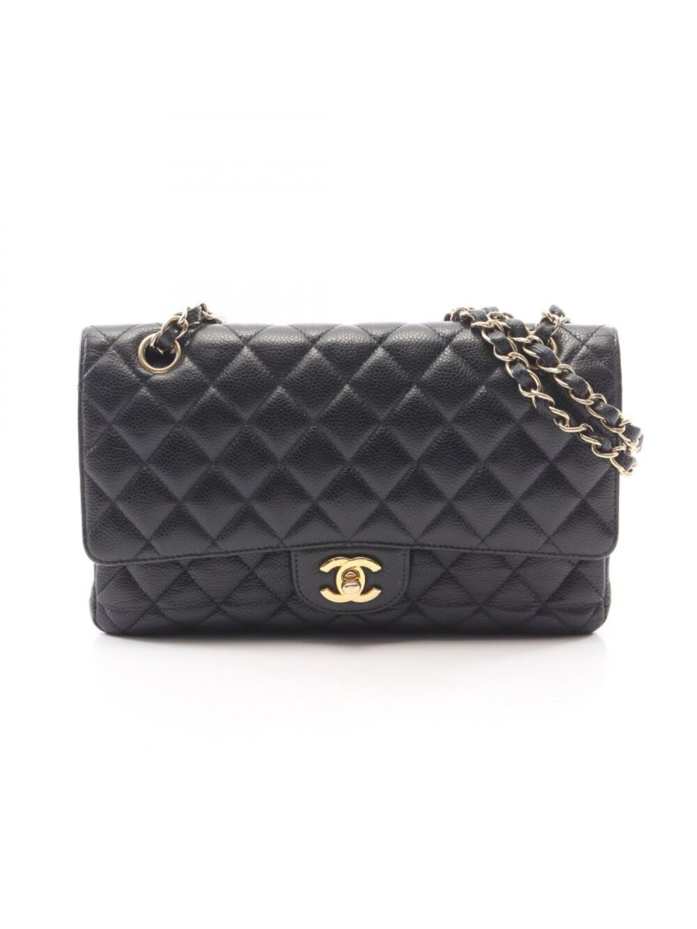 Chanel Shoulder Bag Quilted Double Flap Black Caviar Leather Chain